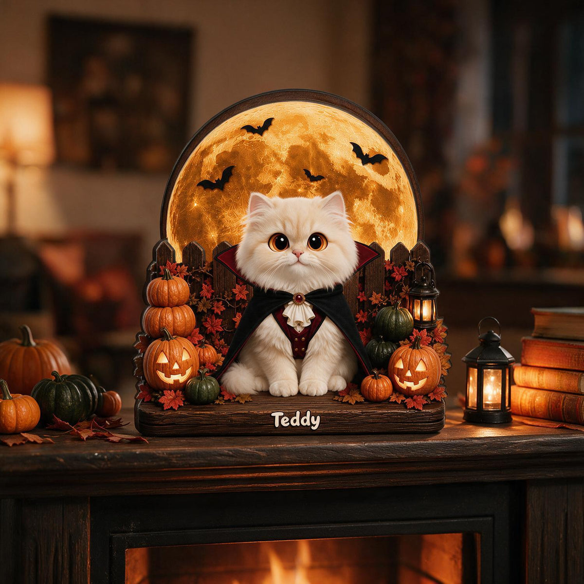 Personalisierte 2-Layer Holz Halloween-Plakette - Gruselige Vampir-Katze mit Kürbissen, individuelles Geschenk für Katzenliebhaber