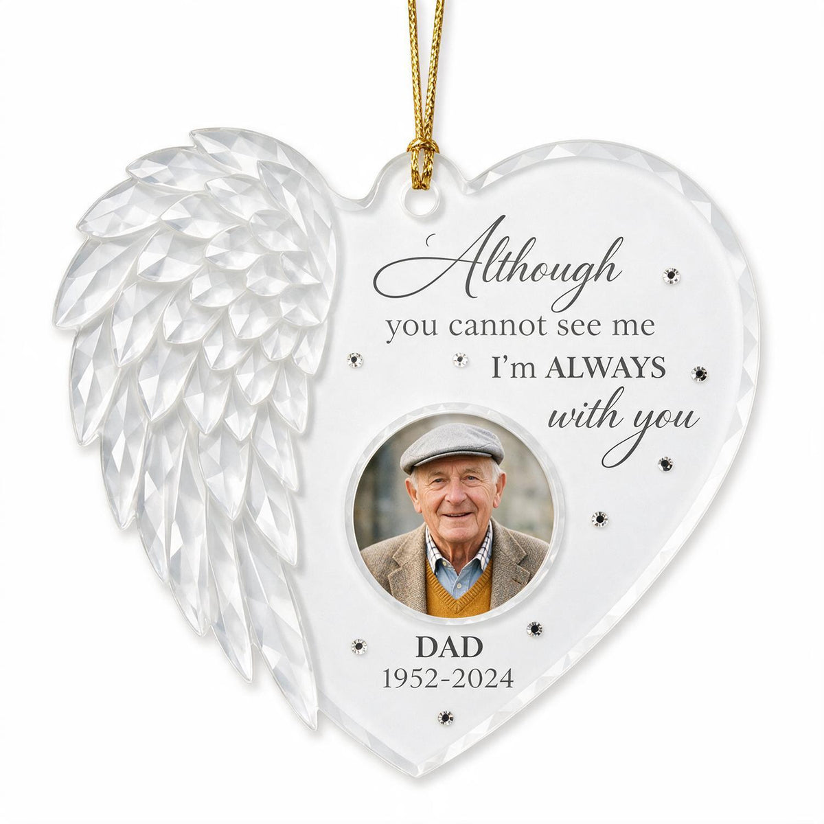 Ornement Mémorial Acrylique Personnalisé en Forme de Cœur avec Aile d'Ange - Photo Personnalisée en Souvenir de Papa