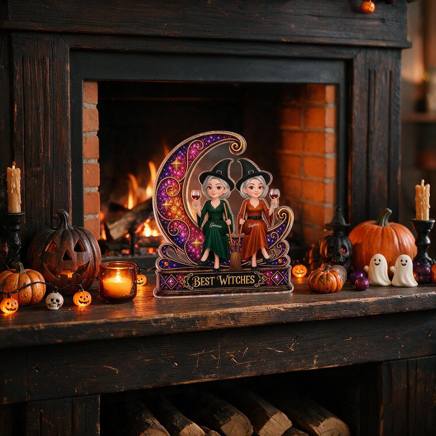 Personalized Best Witches On Sparkle Moon Acrylic Block, Halloween Best Friend Decor Gift