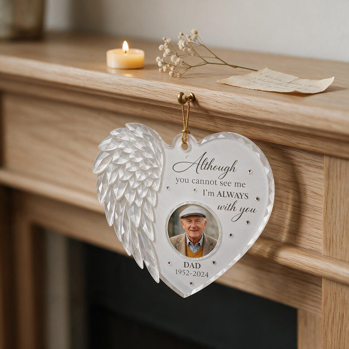 Ornement Mémorial Acrylique Personnalisé en Forme de Cœur avec Aile d'Ange - Photo Personnalisée en Souvenir de Papa