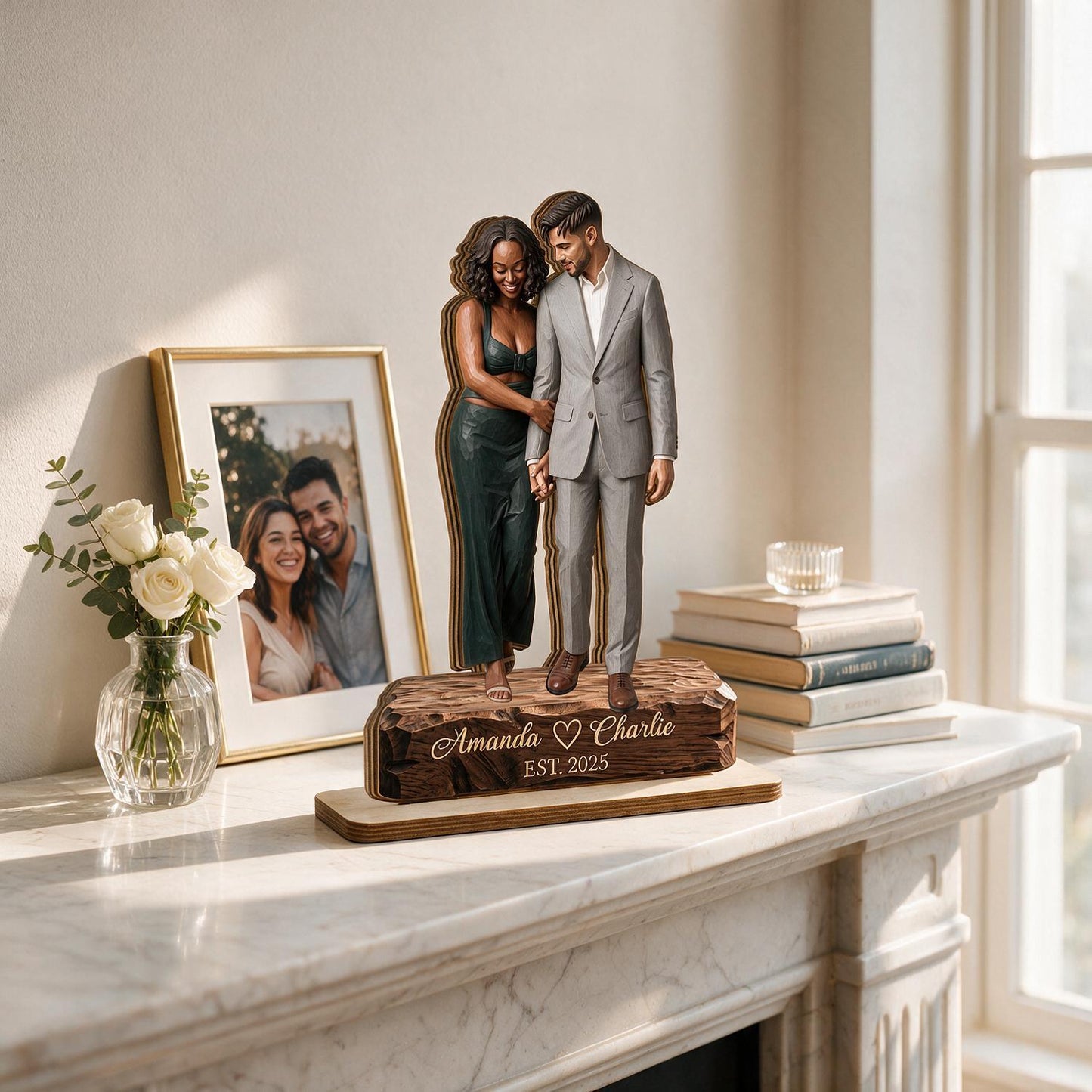 Personalized Couple 2-Layer Wooden Portrait Plaque - Custom Names & Date Wedding Anniversary Gift for Her Him