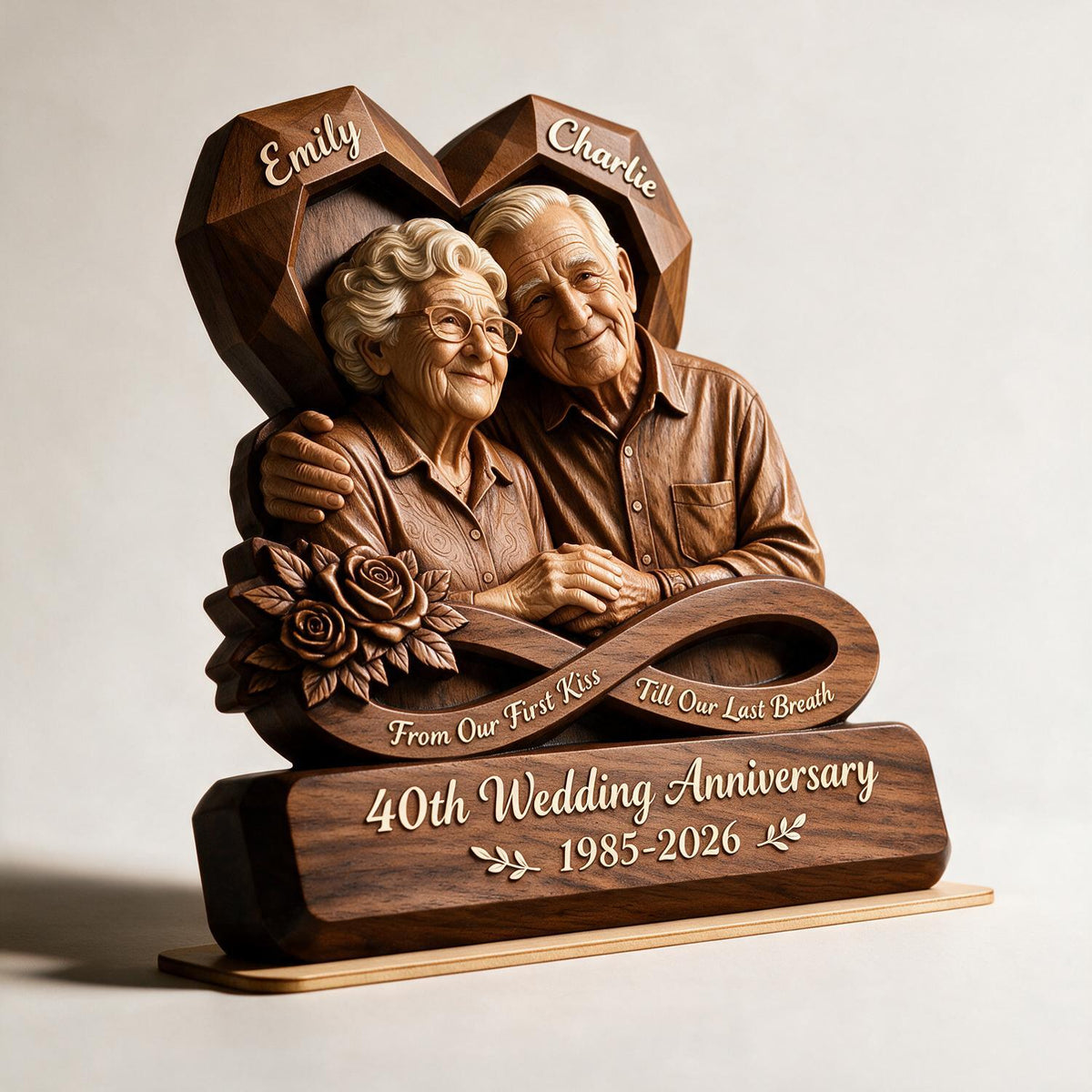 Personalized 40th Anniversary Elderly Couple Heart Shaped Wooden Plaque, Custom Milestone Gift