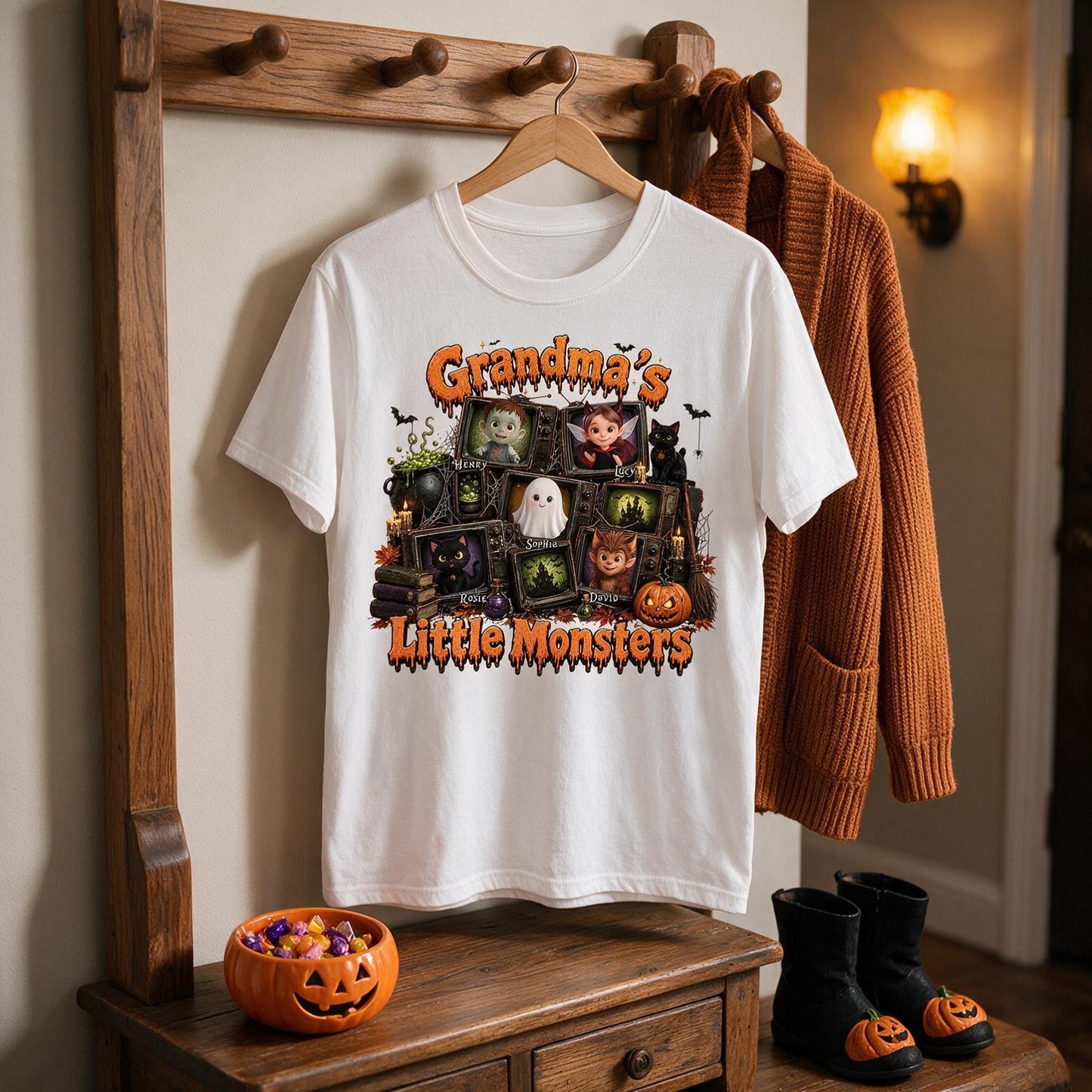 Grandma's Little Monsters Halloween Personalized Shirt - Vintage TV Grandkids Spooky Gift for Grandma