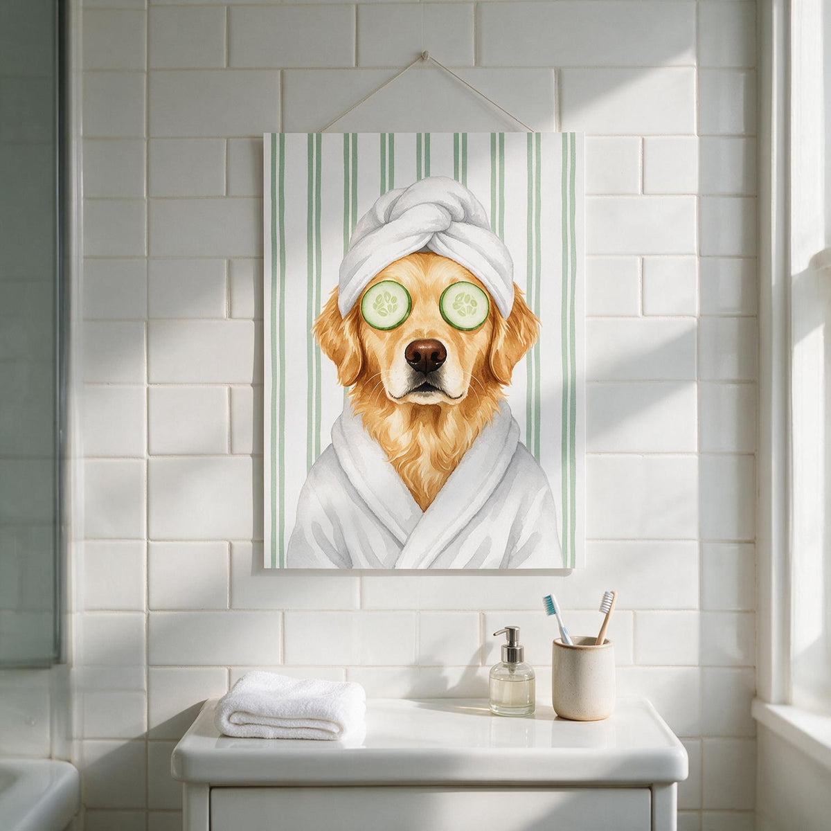 Custom Photo Golden Retriever Spa Bathroom Poster - Funny Pet Lover Bathroom Decor