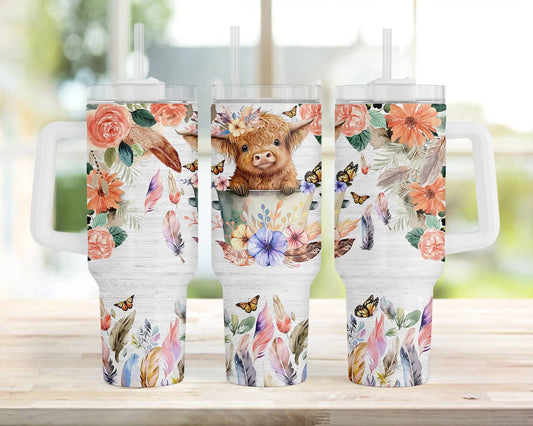 Hochlandrind-Trinkbecher mit Henkel und Blumenmuster 0624