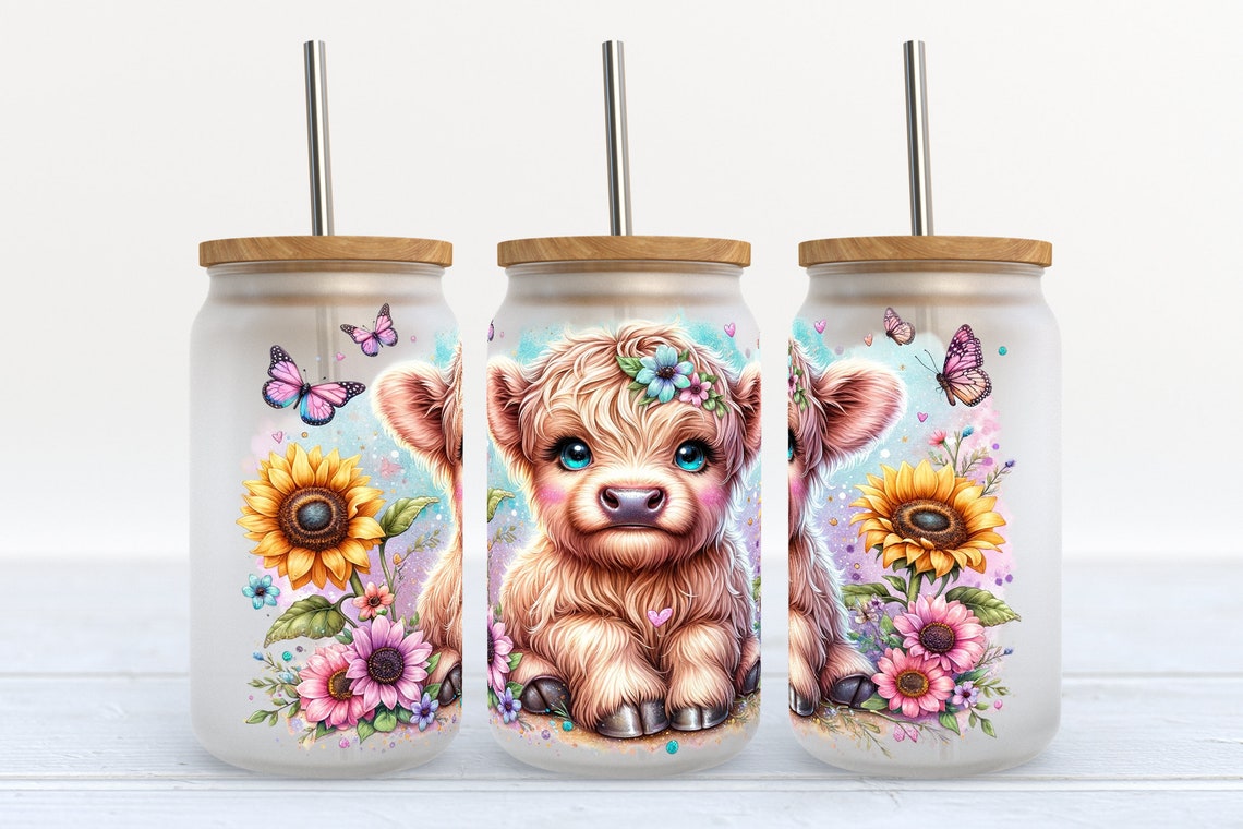Adorables bébés vaches Highland, canette en verre 0624