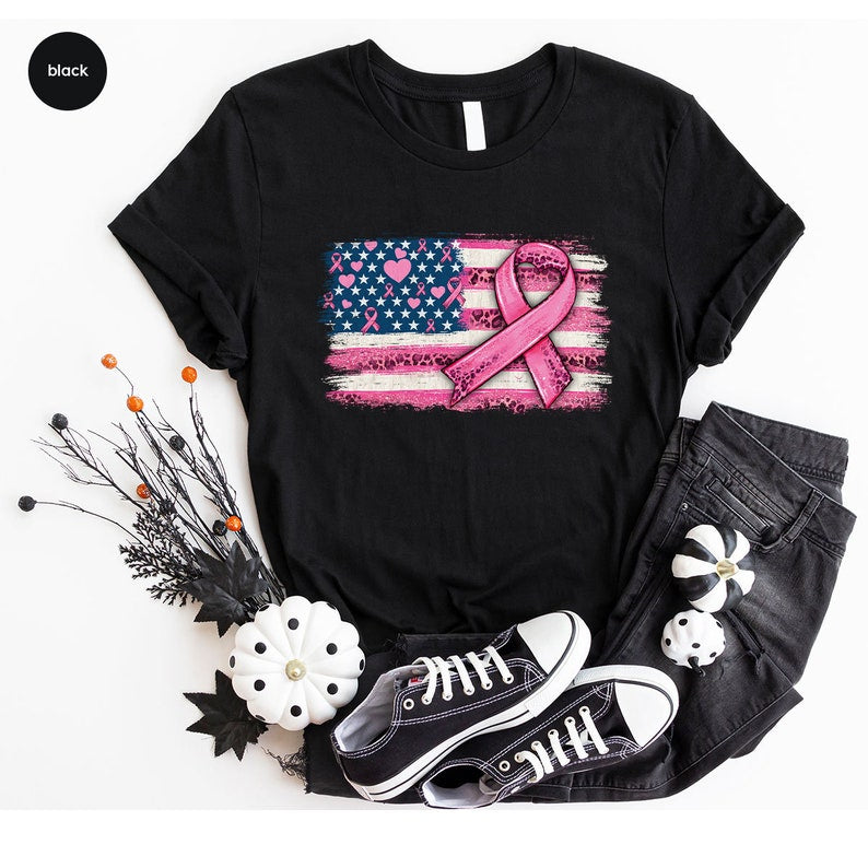 Brustkrebs-Shirt, Outfit mit US-Flagge, T-Shirt und Hoodie zur Krebsaufklärung 0924