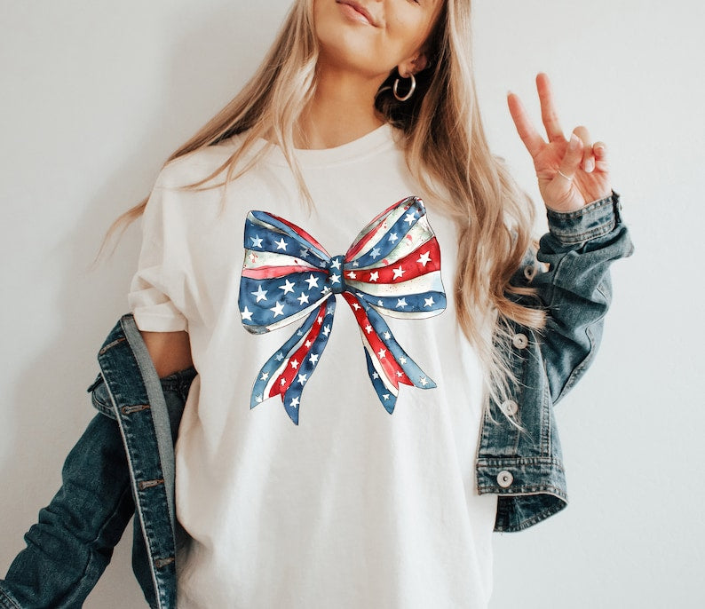 Coquette 4th of July Shirt, American Flag Shirt, USA Tshirt, Retro 4th of July Shirt, Trendy Summer Shirt, Coquette Bow Tee, Patriotic Shirt T-Shirt & Hoodie