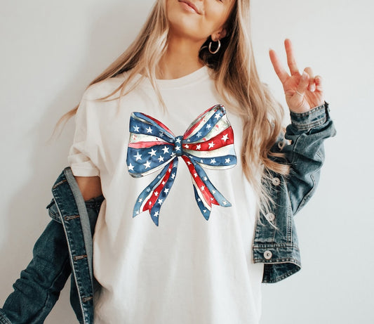 Coquette 4th of July Shirt, American Flag Shirt, USA Tshirt, Retro 4th of July Shirt, Trendy Summer Shirt, Coquette Bow Tee, Patriotic Shirt T-Shirt & Hoodie
