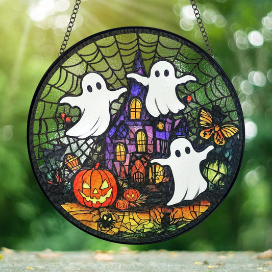 Gruseliger Geister-Sonnenfänger aus Buntglas für Halloween-Dekoration, Halloween-Fensterhänger-Sonnenfänger-Ornament 0924 