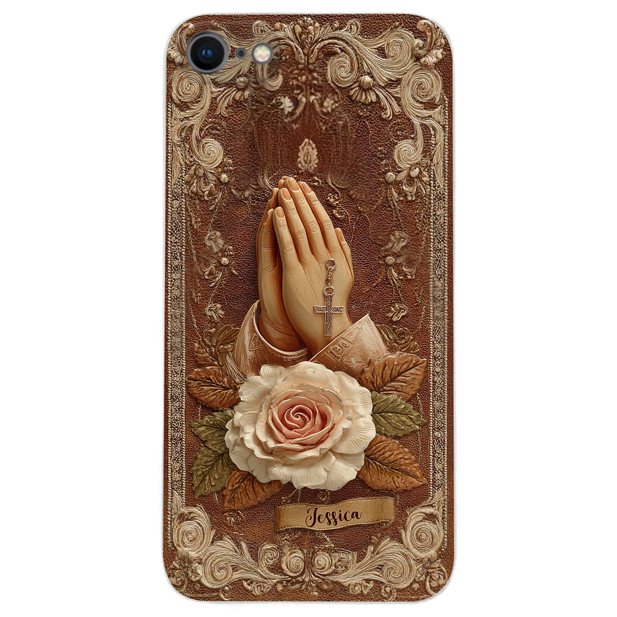 Praying Hands With Roses - Personalized Christian Leather Phone Case