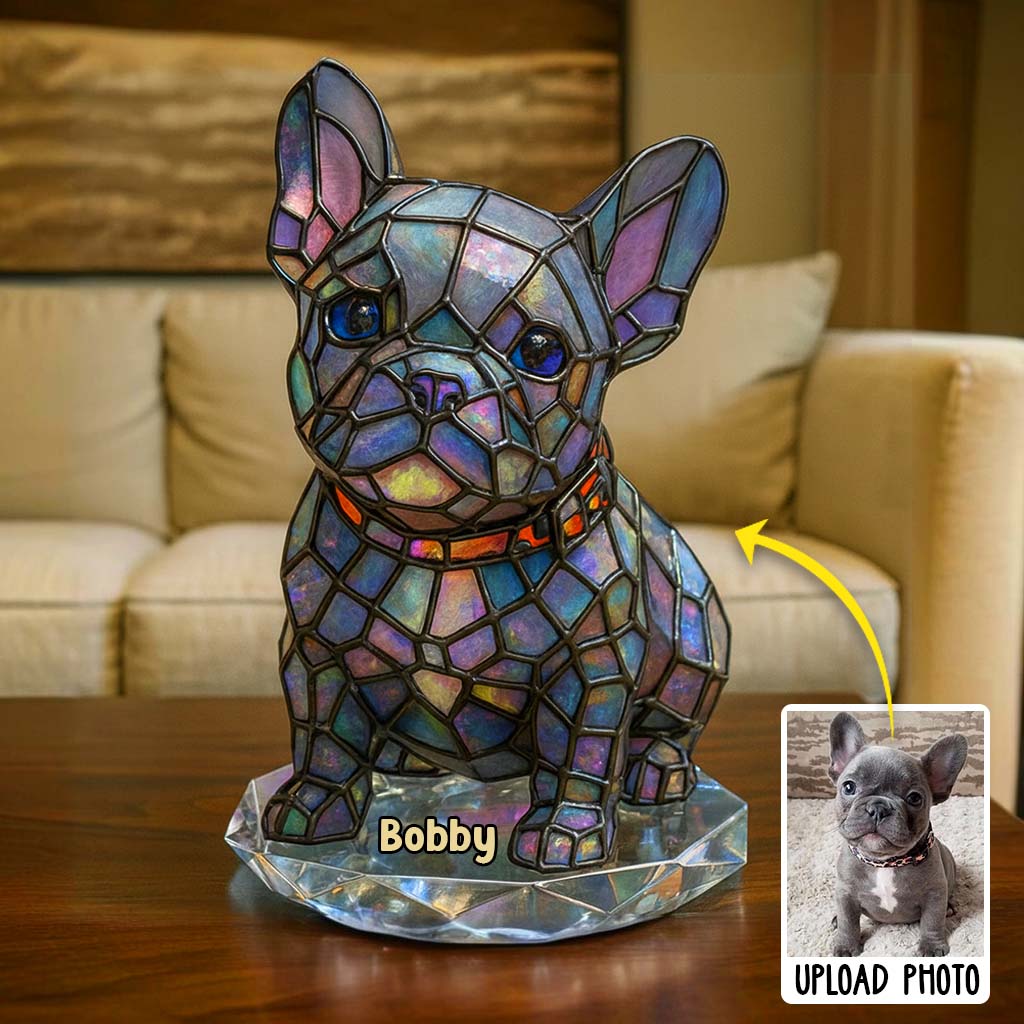 Hund aus Buntglas – Personalisierte Acrylplakette in Form eines französischen Bulldoggen