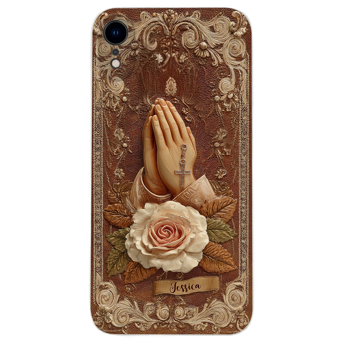 Praying Hands With Roses - Personalized Christian Leather Phone Case