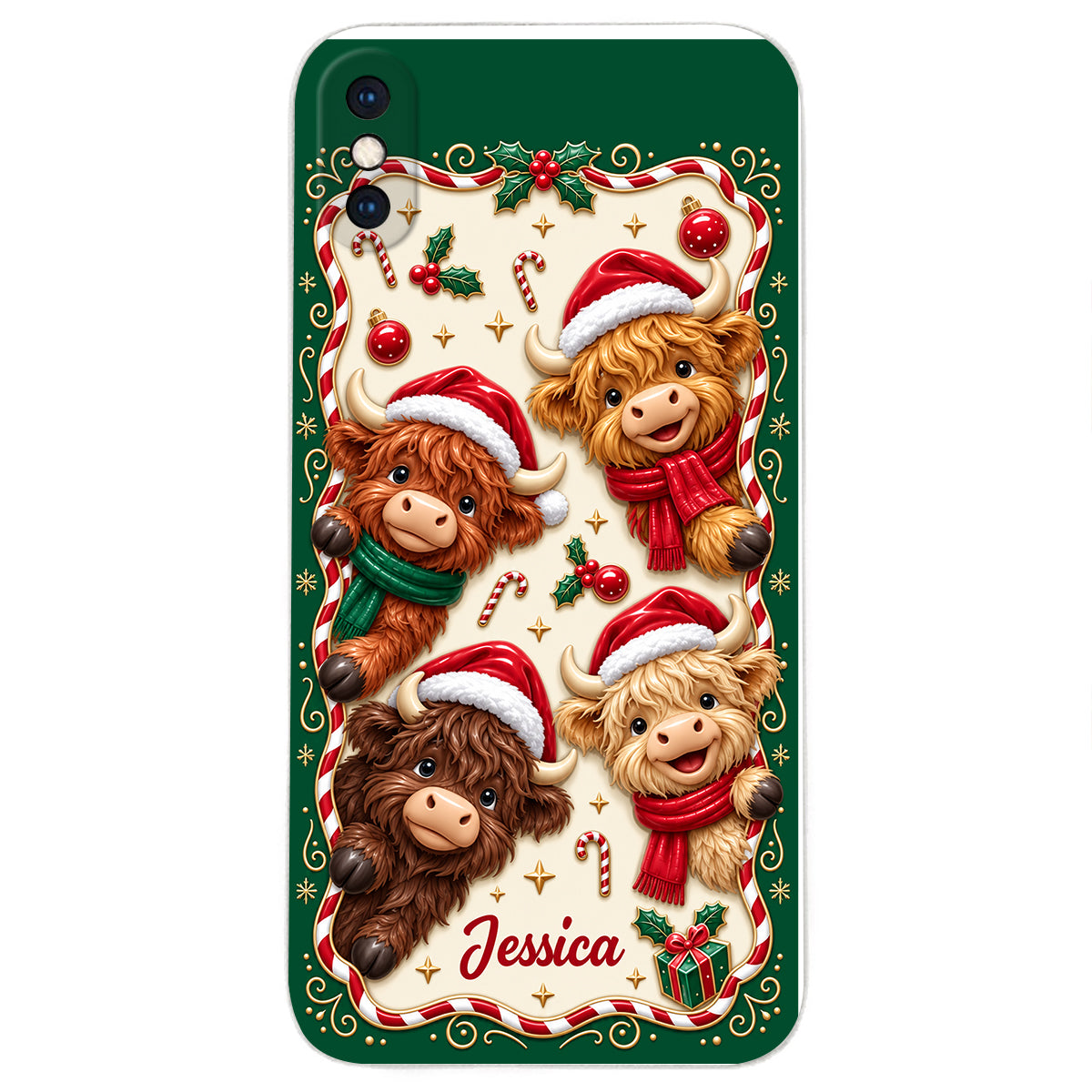 Merry Christmas Cute Highland Cows - Personalized Highland Cow 3D Embossed Leather Phone Case