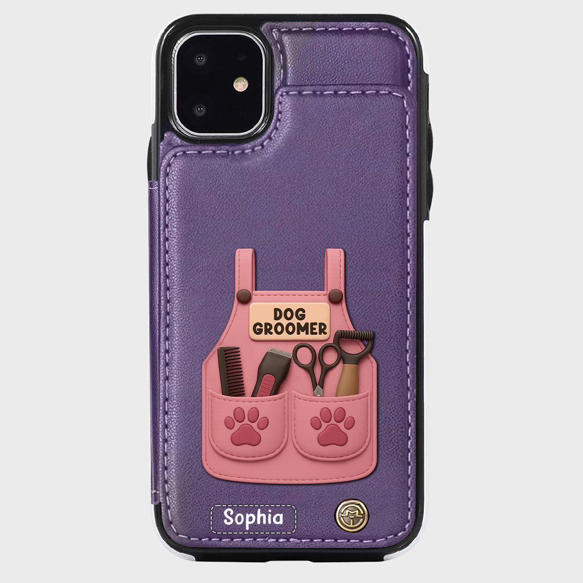 Étui portefeuille/téléphone personnalisé pour toiletteur canin, avec outils de toilettage et empreintes de pattes