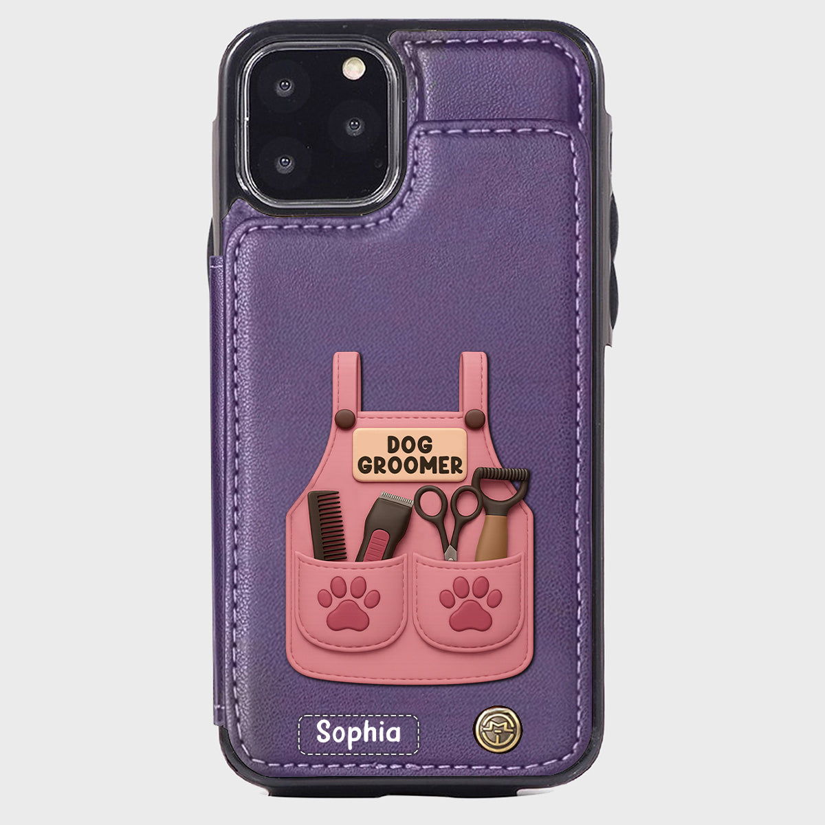 Étui portefeuille/téléphone personnalisé pour toiletteur canin, avec outils de toilettage et empreintes de pattes
