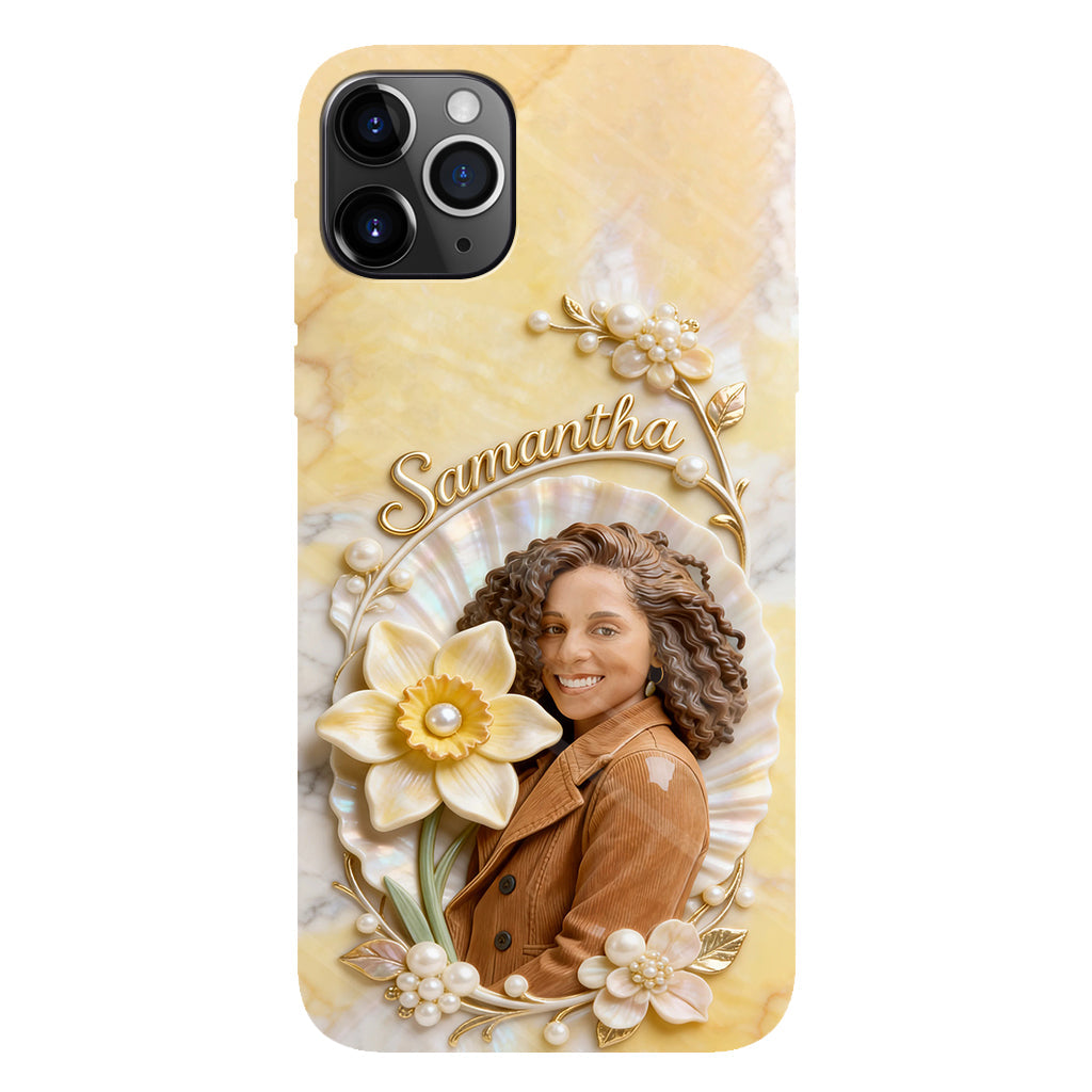 Personalisierte Handyhülle mit Geburtsmonatsblume und Foto – Selbstliebe-Motiv