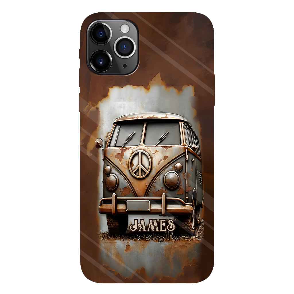 Coque de téléphone personnalisée style hippie vintage, motif « Camping-car, symbole de paix et âme », imprimée intégralement, avec symbole de paix et camping-car.