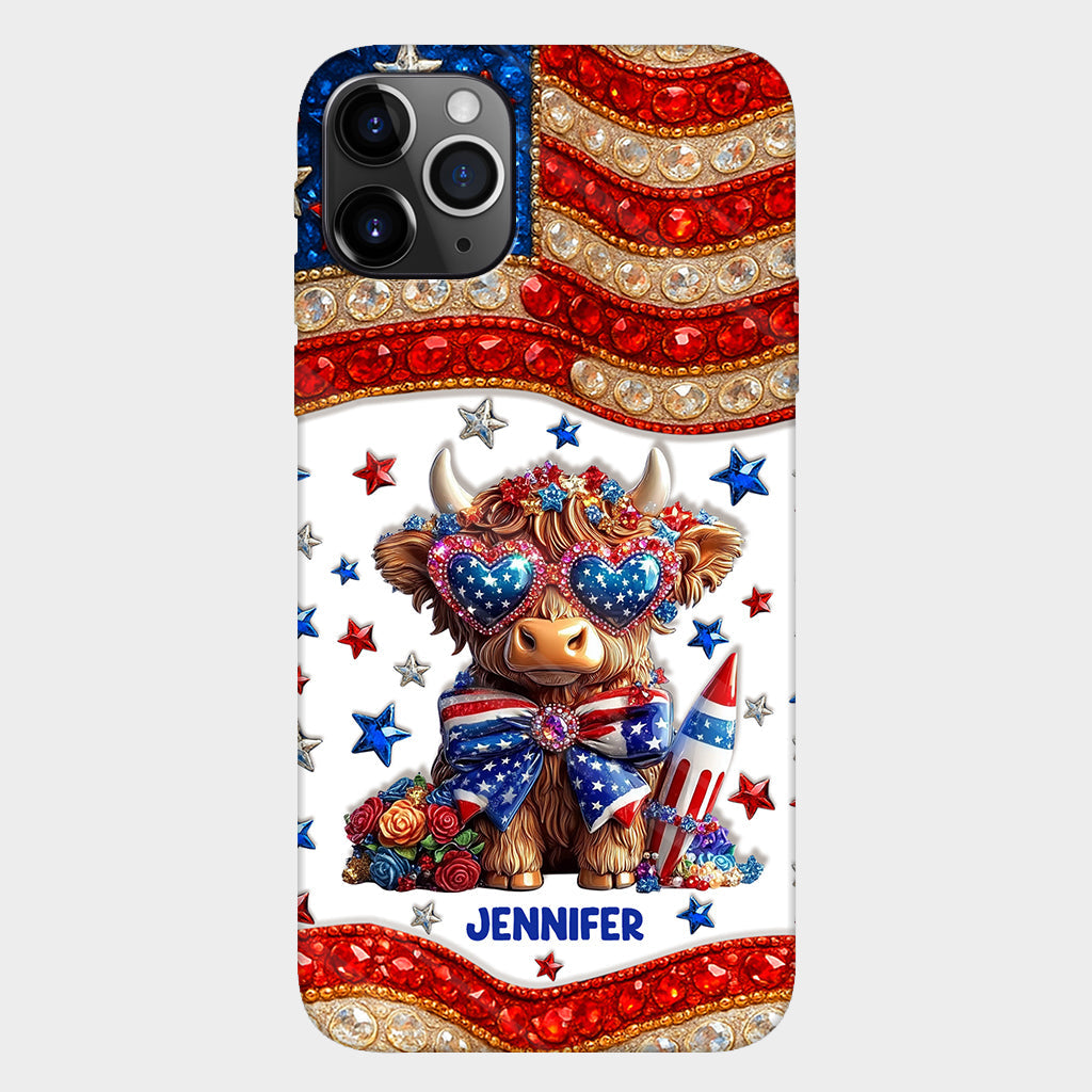 Coque de téléphone personnalisée avec motif vache des Highlands, motif 4 juillet américain