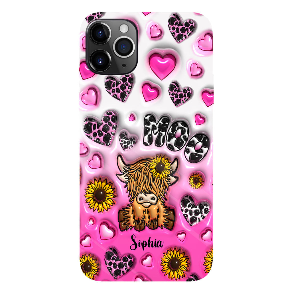 Coque de téléphone personnalisée avec impression intégrale représentant une vache des Highlands et un tournesol