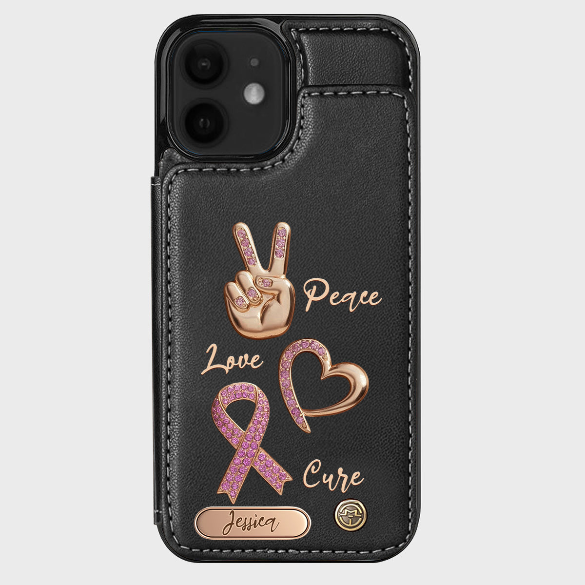 Étui portefeuille personnalisé Peace Love Cure pour téléphone, symbole de sensibilisation au cancer du sein