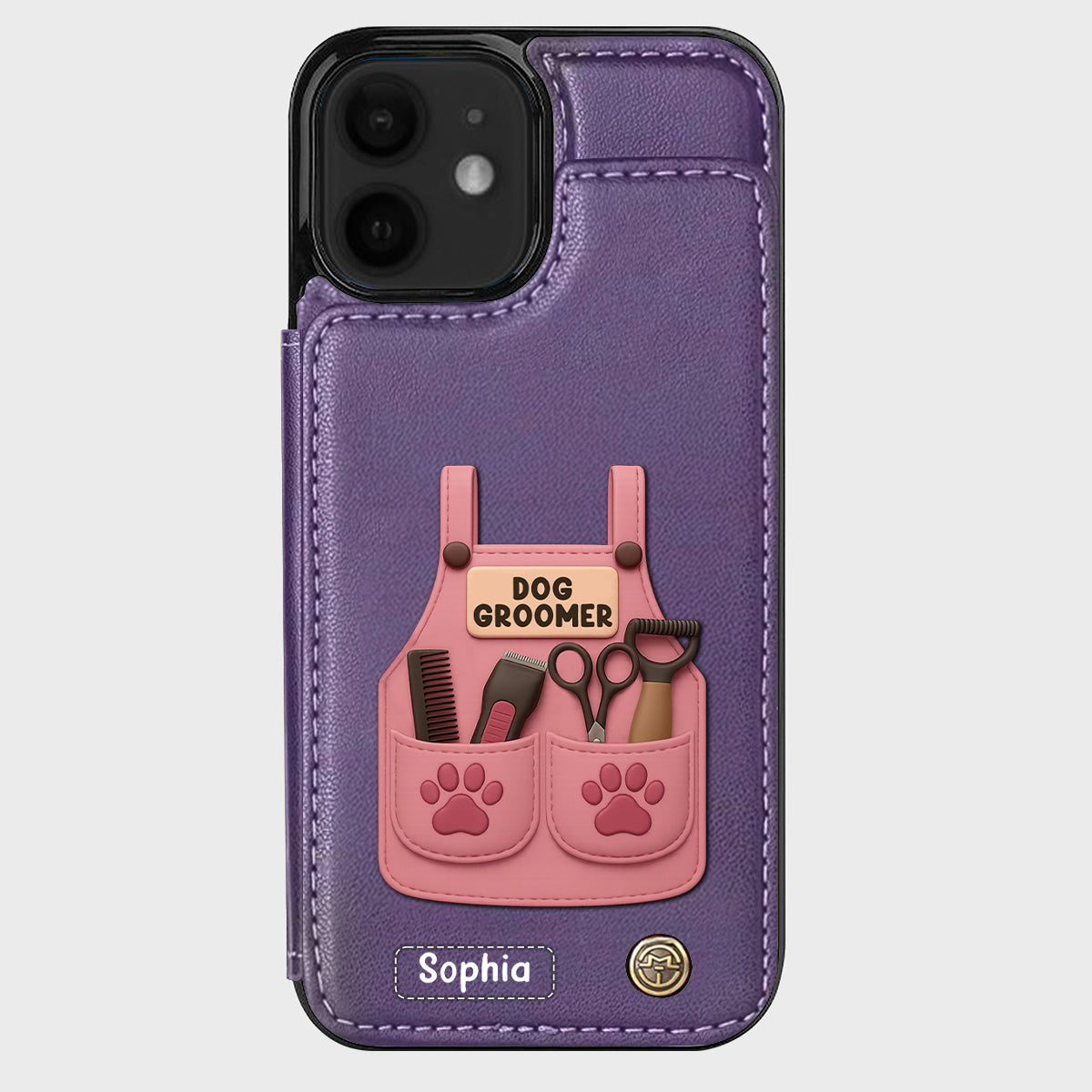 Étui portefeuille/téléphone personnalisé pour toiletteur canin, avec outils de toilettage et empreintes de pattes