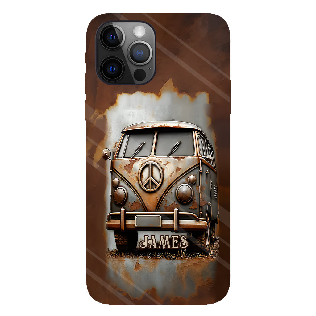 Coque de téléphone personnalisée style hippie vintage, motif « Camping-car, symbole de paix et âme », imprimée intégralement, avec symbole de paix et camping-car.