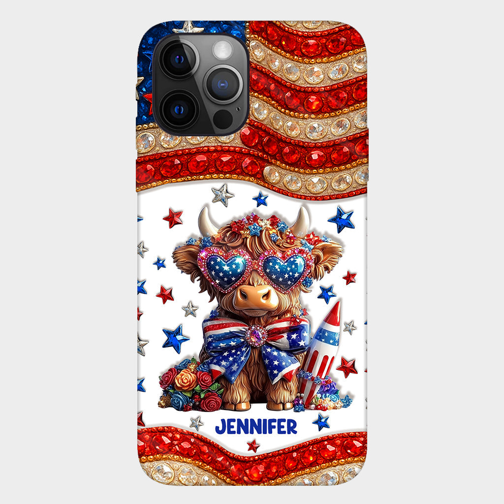 Coque de téléphone personnalisée avec motif vache des Highlands, motif 4 juillet américain