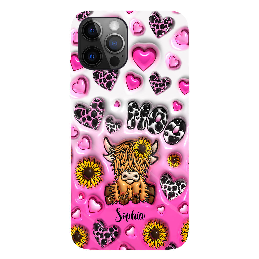 Coque de téléphone personnalisée avec impression intégrale représentant une vache des Highlands et un tournesol
