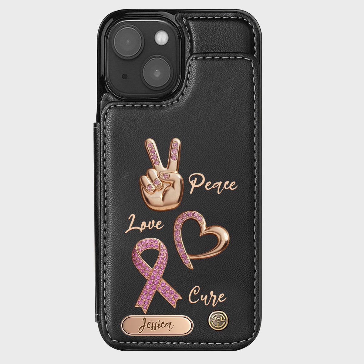 Étui portefeuille personnalisé Peace Love Cure pour téléphone, symbole de sensibilisation au cancer du sein
