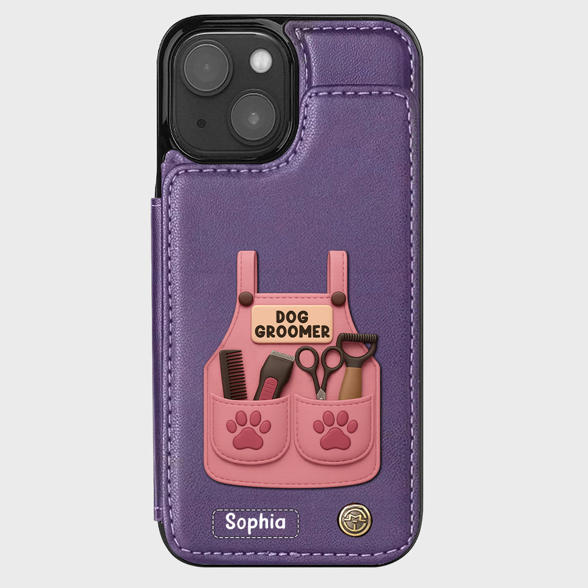 Étui portefeuille/téléphone personnalisé pour toiletteur canin, avec outils de toilettage et empreintes de pattes
