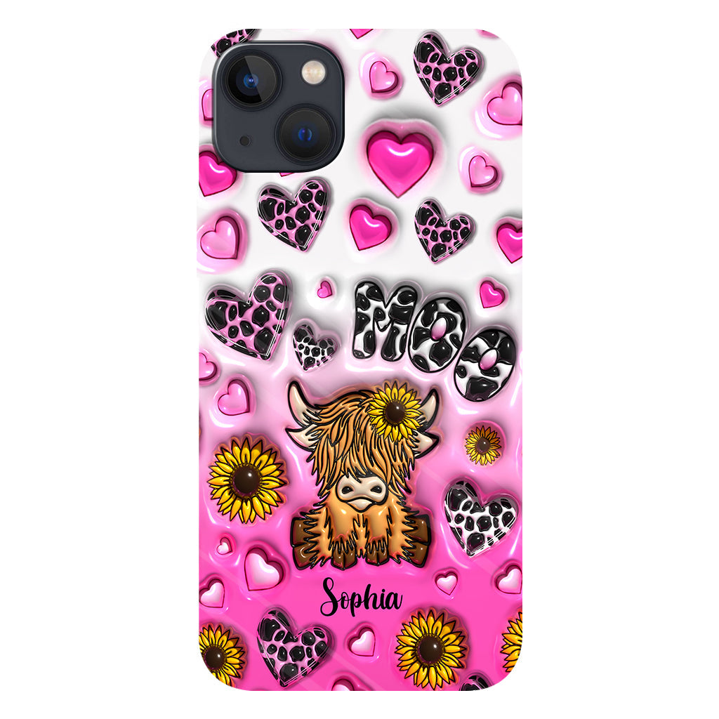 Coque de téléphone personnalisée avec impression intégrale représentant une vache des Highlands et un tournesol