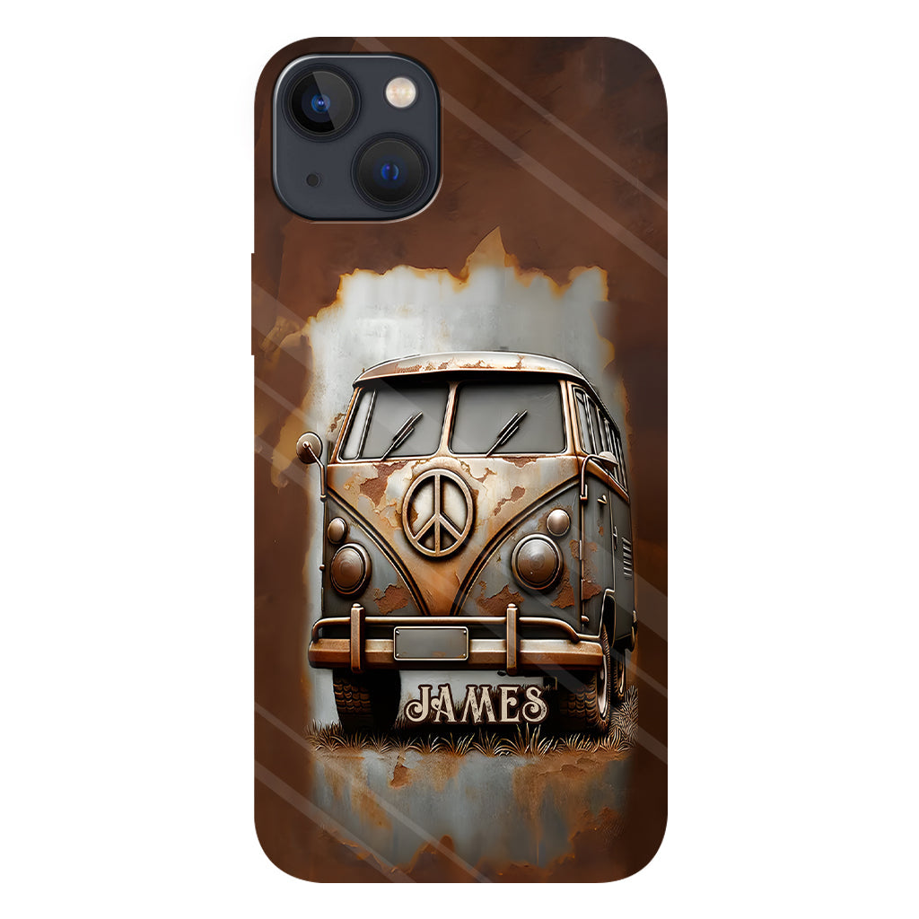 Coque de téléphone personnalisée style hippie vintage, motif « Camping-car, symbole de paix et âme », imprimée intégralement, avec symbole de paix et camping-car.