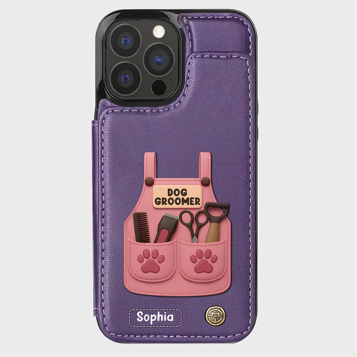 Étui portefeuille/téléphone personnalisé pour toiletteur canin, avec outils de toilettage et empreintes de pattes