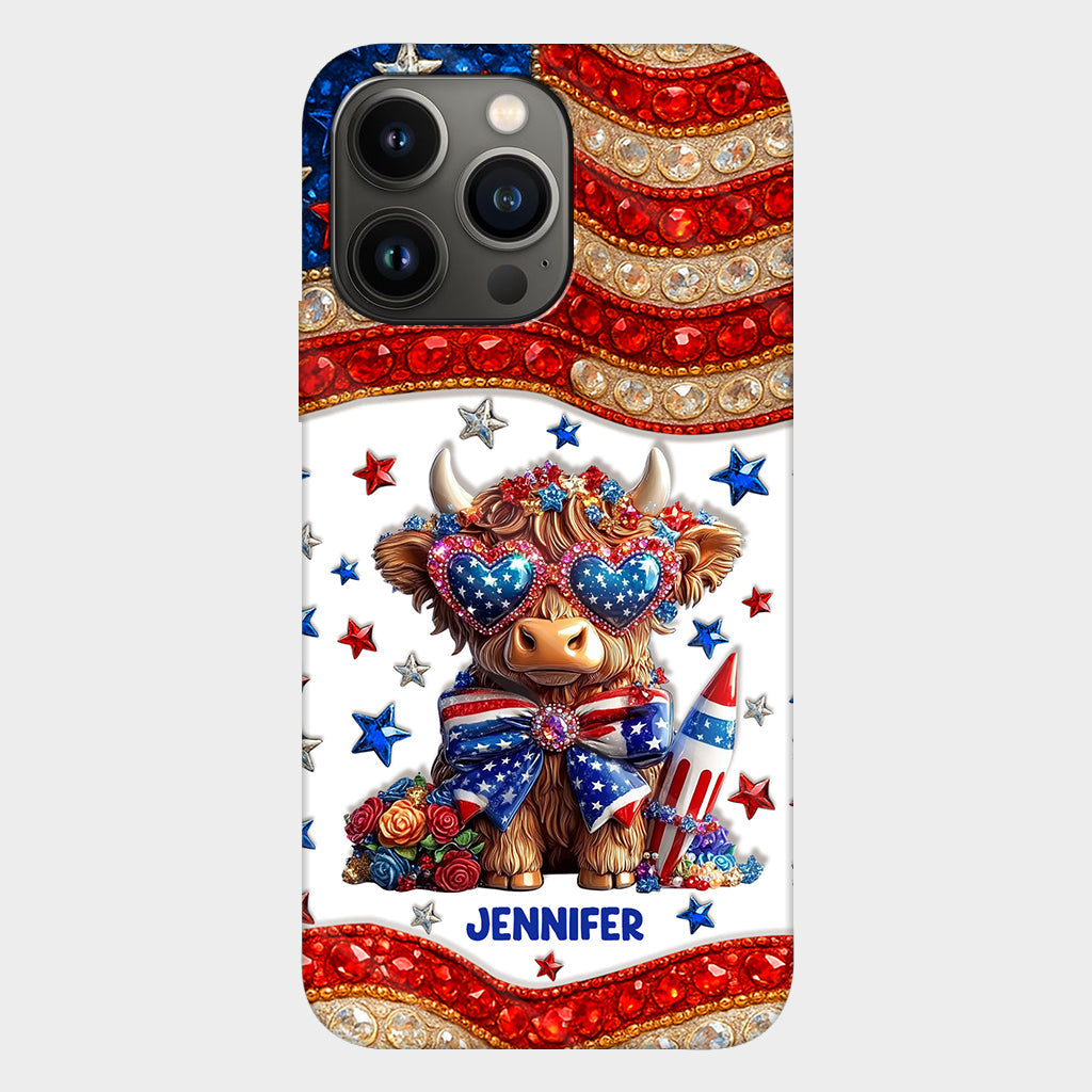 Coque de téléphone personnalisée avec motif vache des Highlands, motif 4 juillet américain