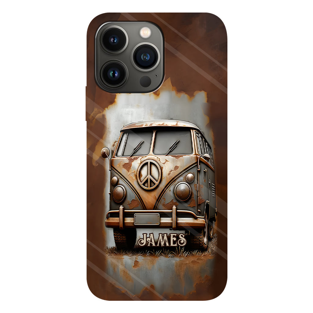 Coque de téléphone personnalisée style hippie vintage, motif « Camping-car, symbole de paix et âme », imprimée intégralement, avec symbole de paix et camping-car.