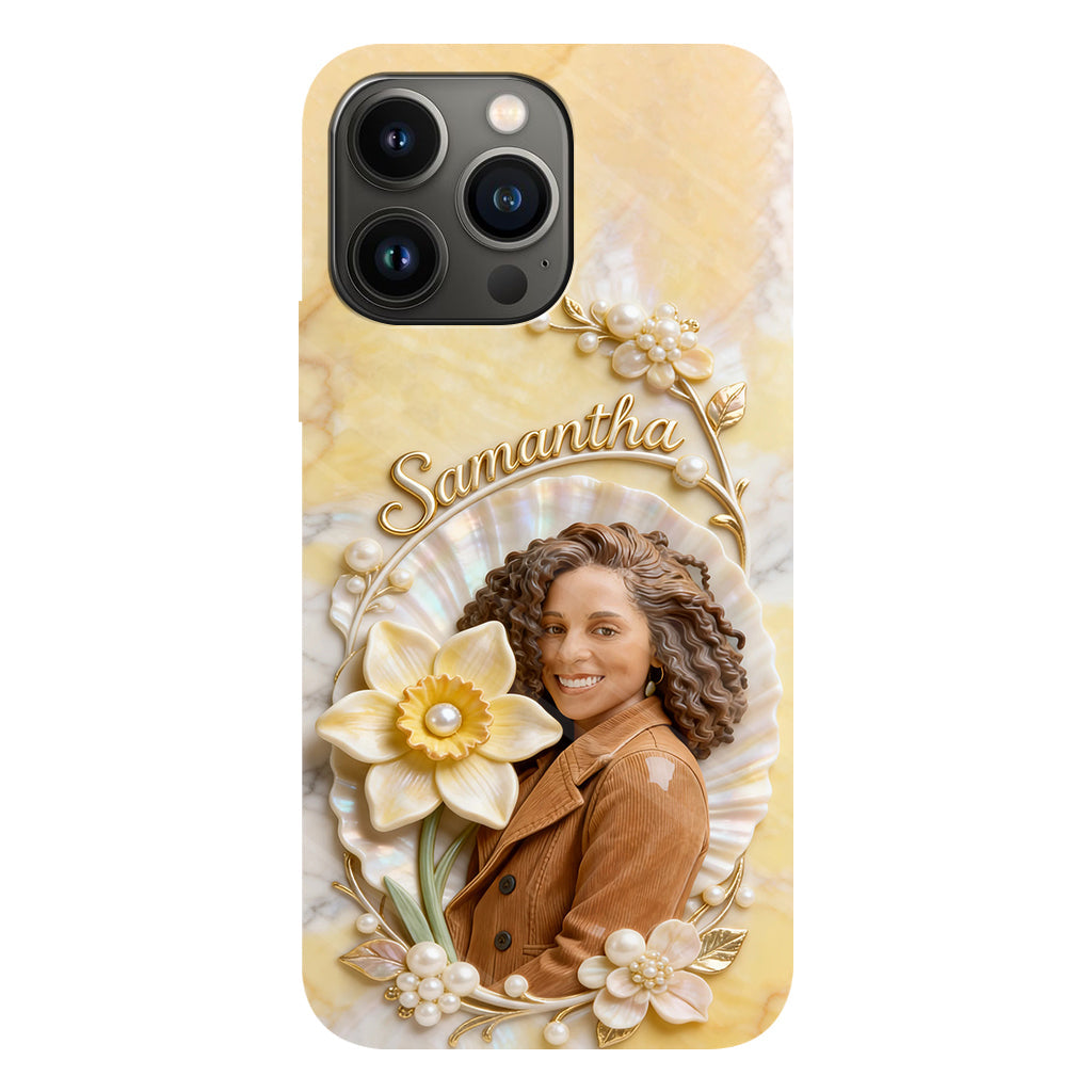 Personalisierte Handyhülle mit Geburtsmonatsblume und Foto – Selbstliebe-Motiv