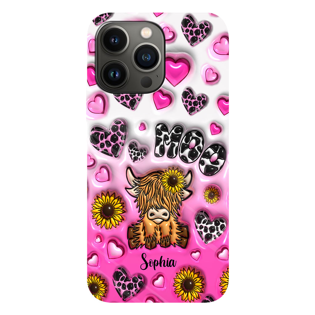 Coque de téléphone personnalisée avec impression intégrale représentant une vache des Highlands et un tournesol