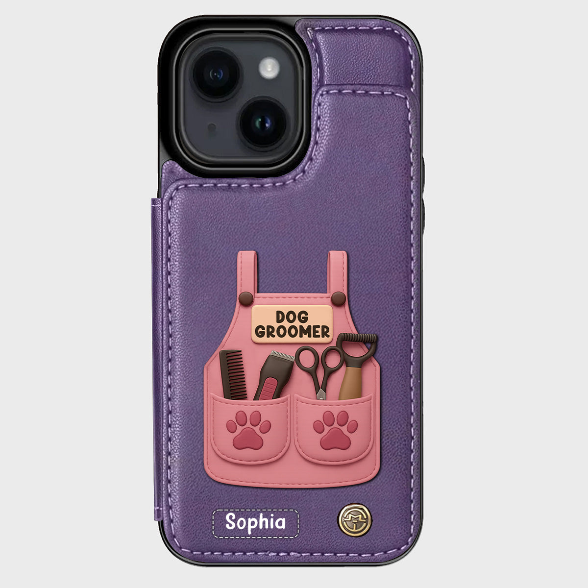 Étui portefeuille/téléphone personnalisé pour toiletteur canin, avec outils de toilettage et empreintes de pattes