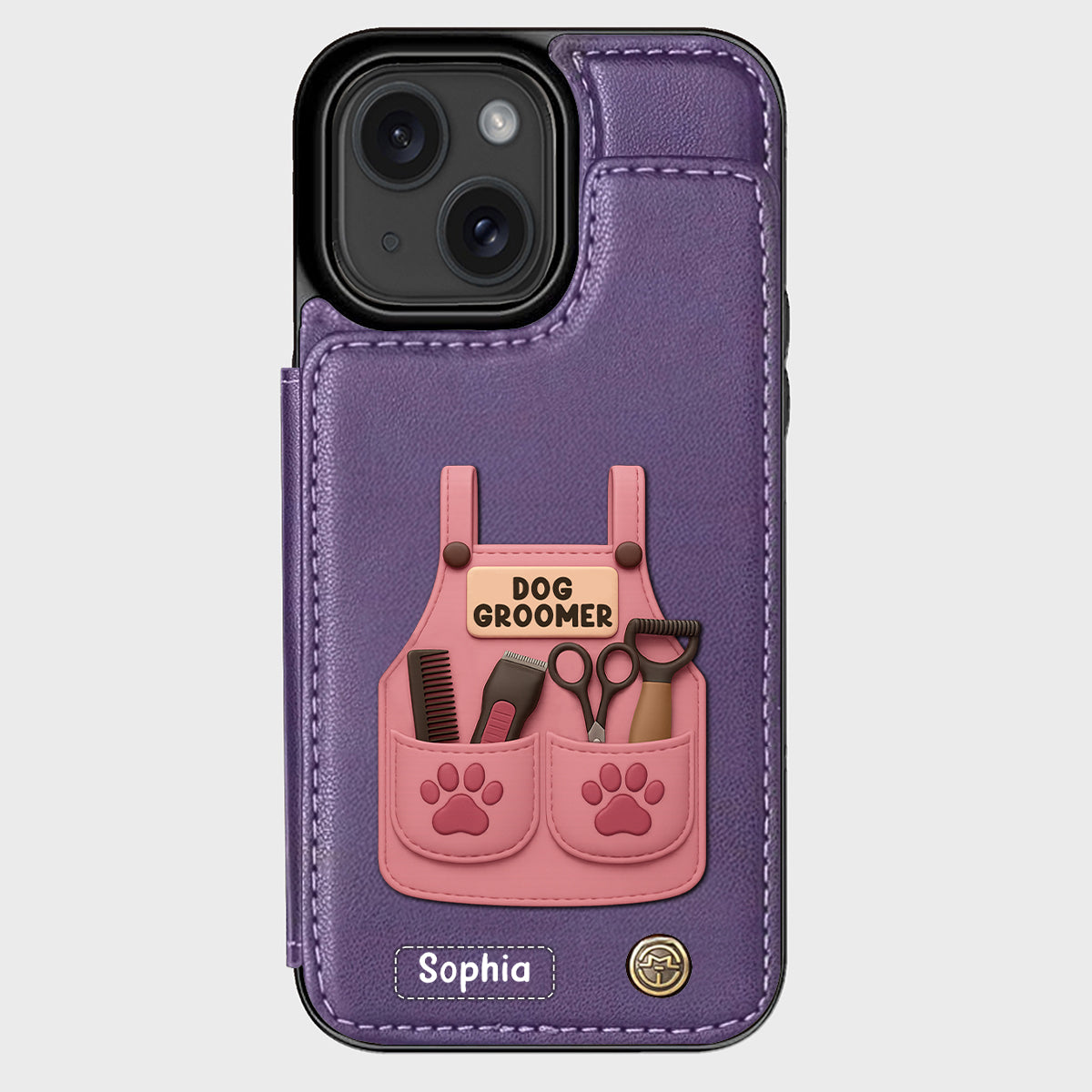 Étui portefeuille/téléphone personnalisé pour toiletteur canin, avec outils de toilettage et empreintes de pattes