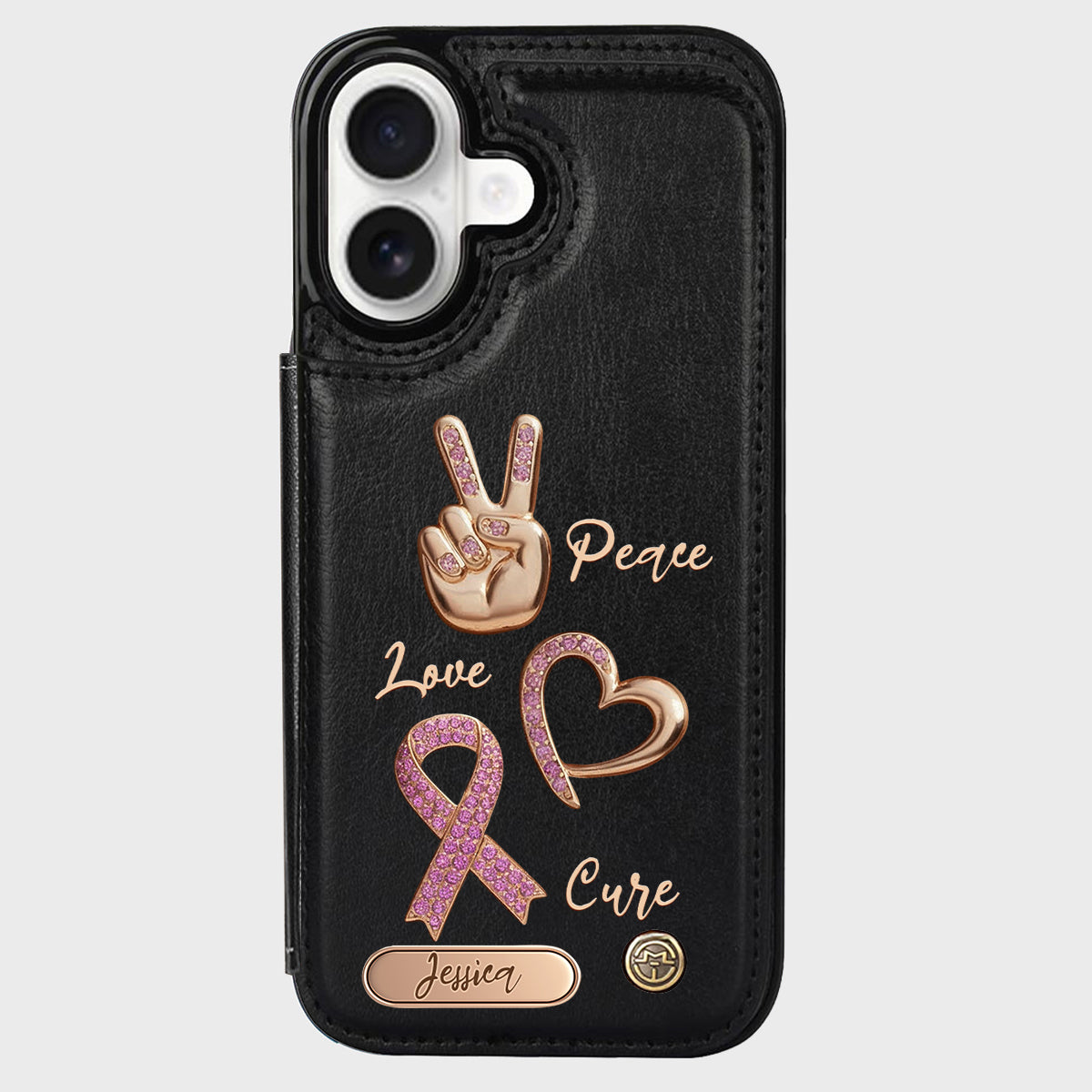 Étui portefeuille personnalisé Peace Love Cure pour téléphone, symbole de sensibilisation au cancer du sein
