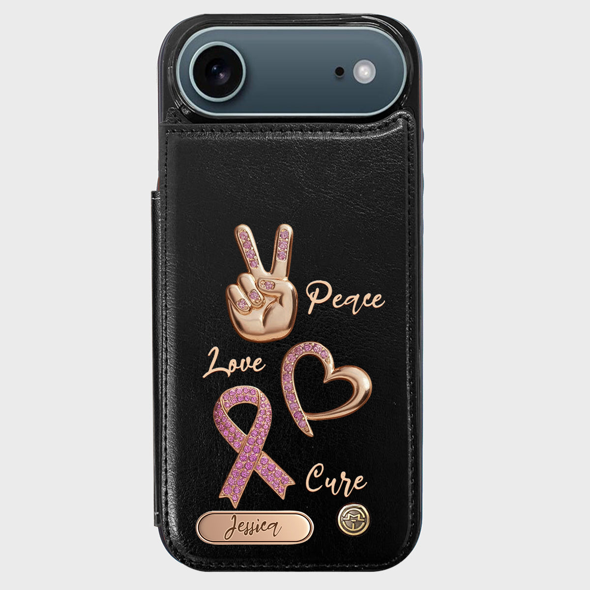 Étui portefeuille personnalisé Peace Love Cure pour téléphone, symbole de sensibilisation au cancer du sein