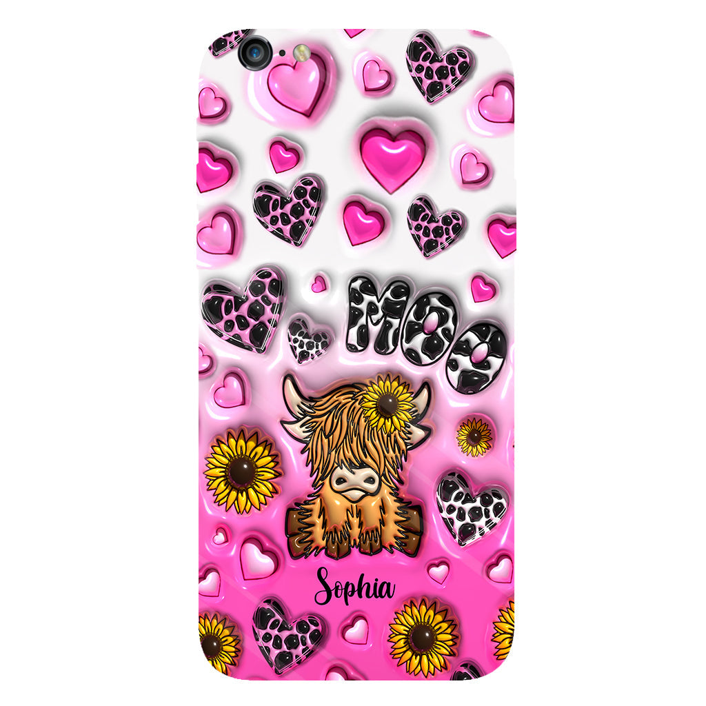 Coque de téléphone personnalisée avec impression intégrale représentant une vache des Highlands et un tournesol
