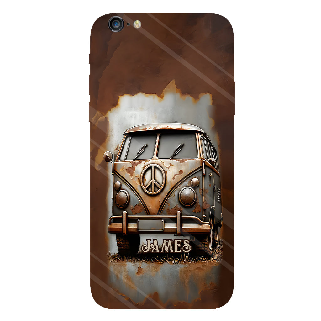 Coque de téléphone personnalisée style hippie vintage, motif « Camping-car, symbole de paix et âme », imprimée intégralement, avec symbole de paix et camping-car.