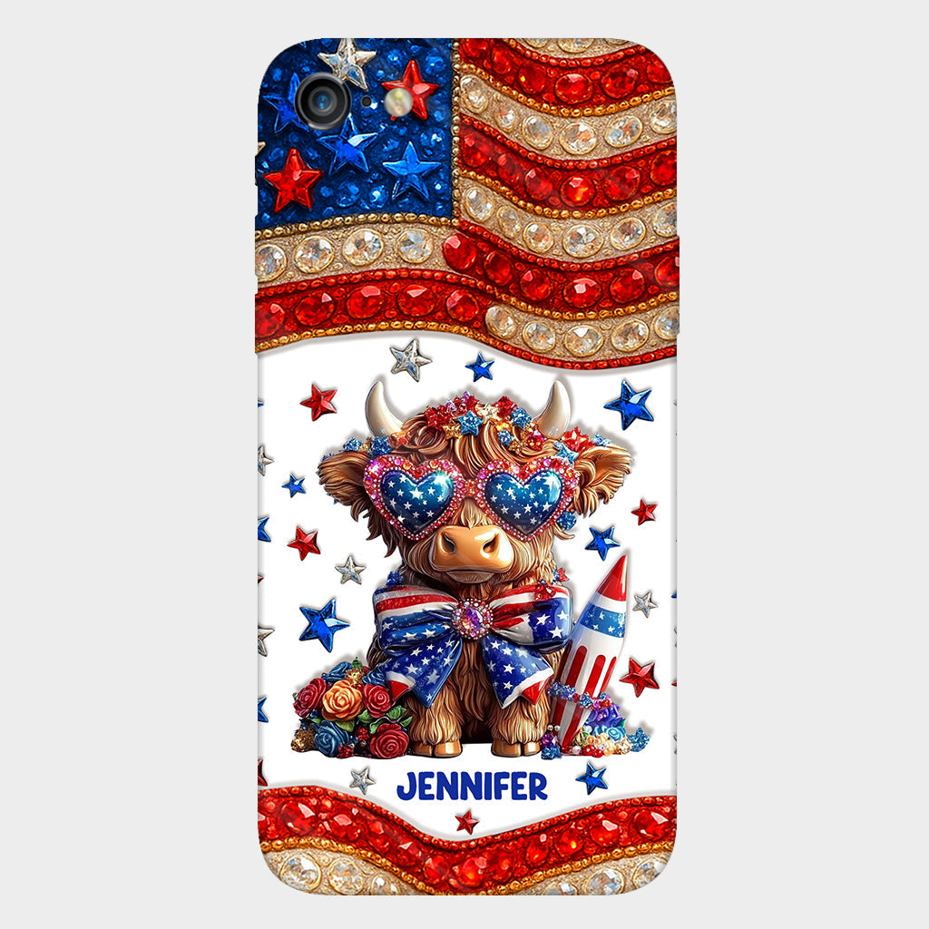 Coque de téléphone personnalisée avec motif vache des Highlands, motif 4 juillet américain