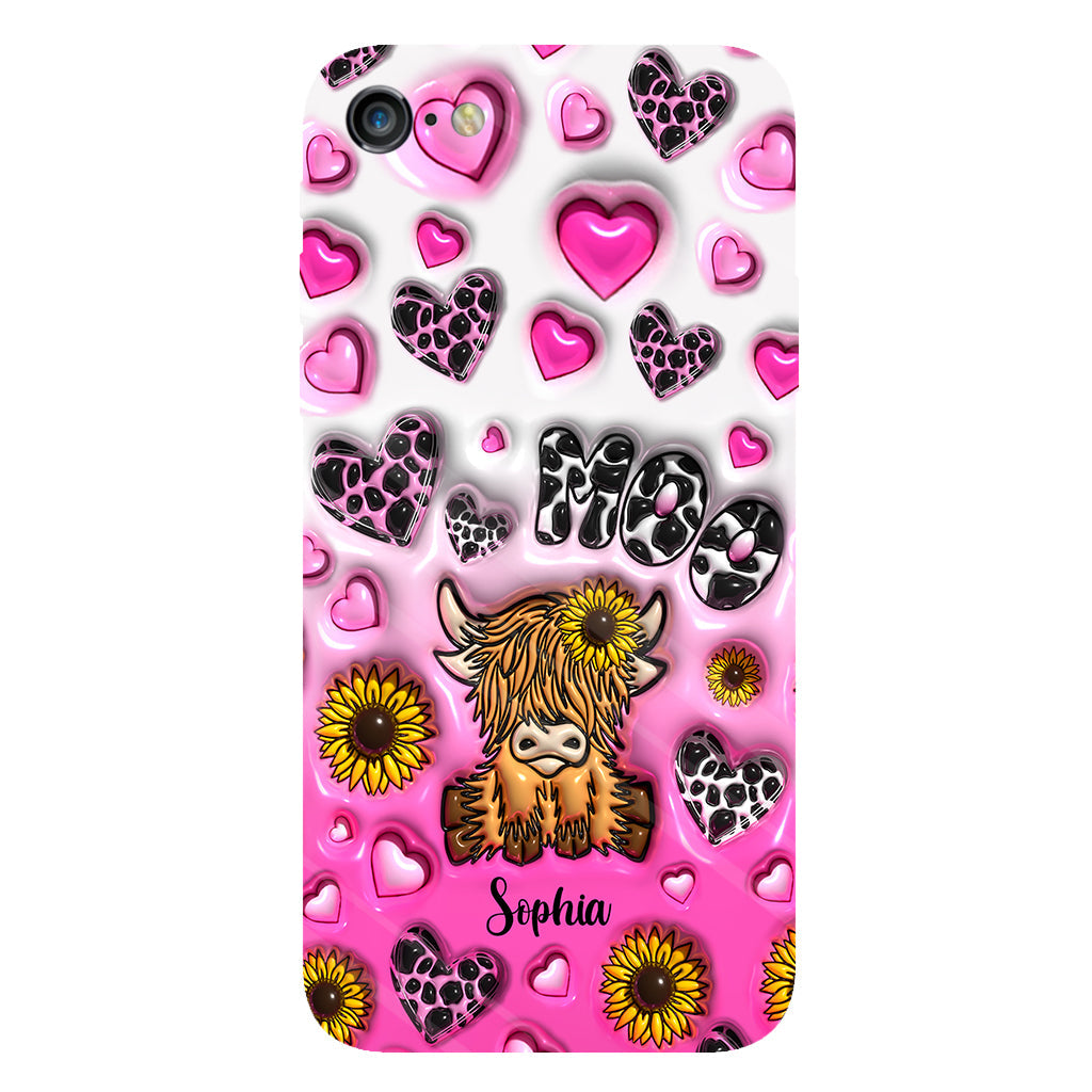 Coque de téléphone personnalisée avec impression intégrale représentant une vache des Highlands et un tournesol