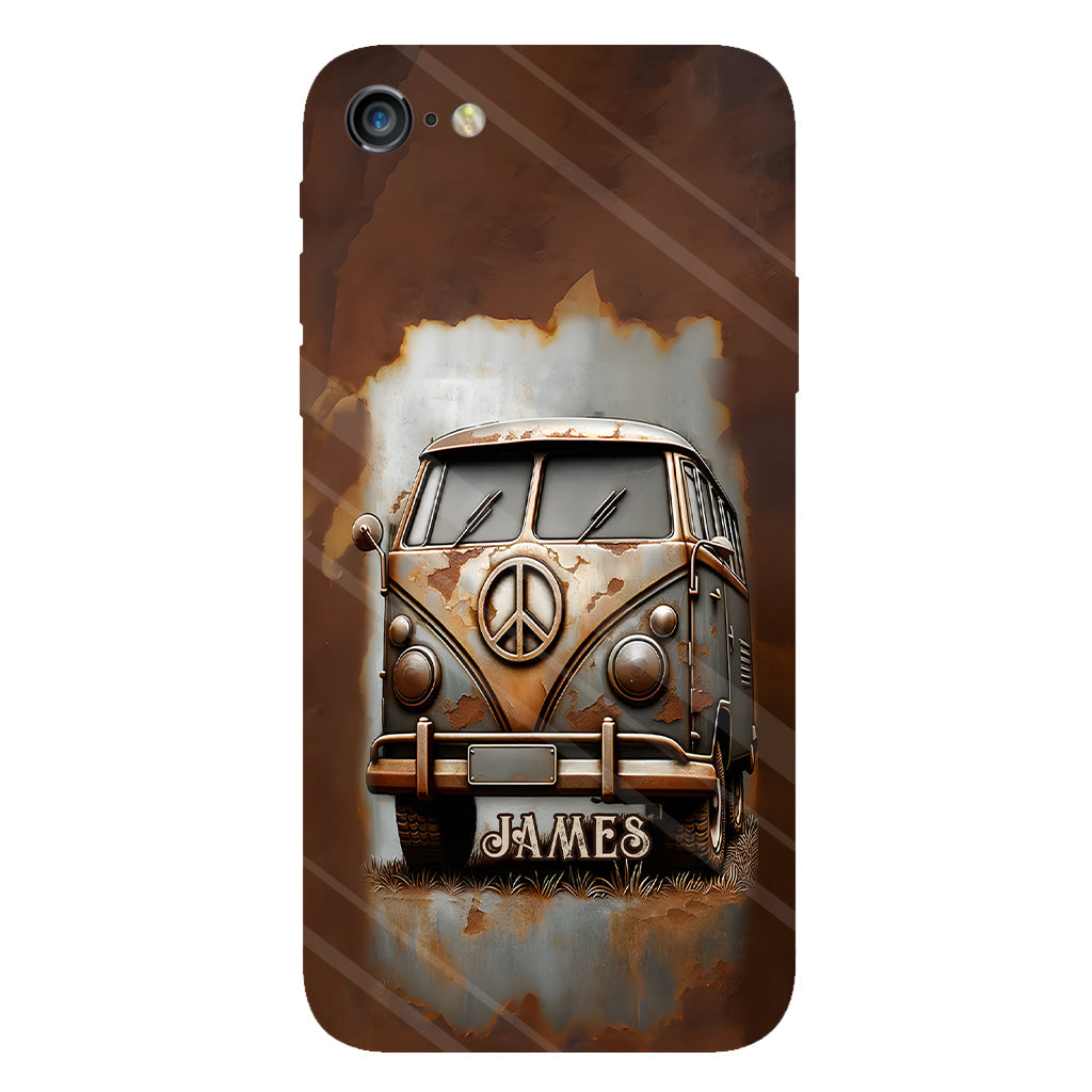 Coque de téléphone personnalisée style hippie vintage, motif « Camping-car, symbole de paix et âme », imprimée intégralement, avec symbole de paix et camping-car.