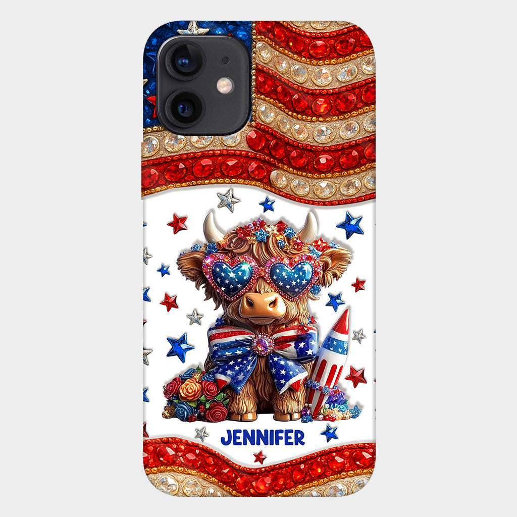 Coque de téléphone personnalisée avec motif vache des Highlands, motif 4 juillet américain