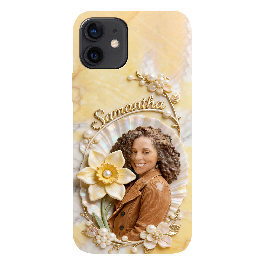 Personalisierte Handyhülle mit Geburtsmonatsblume und Foto – Selbstliebe-Motiv