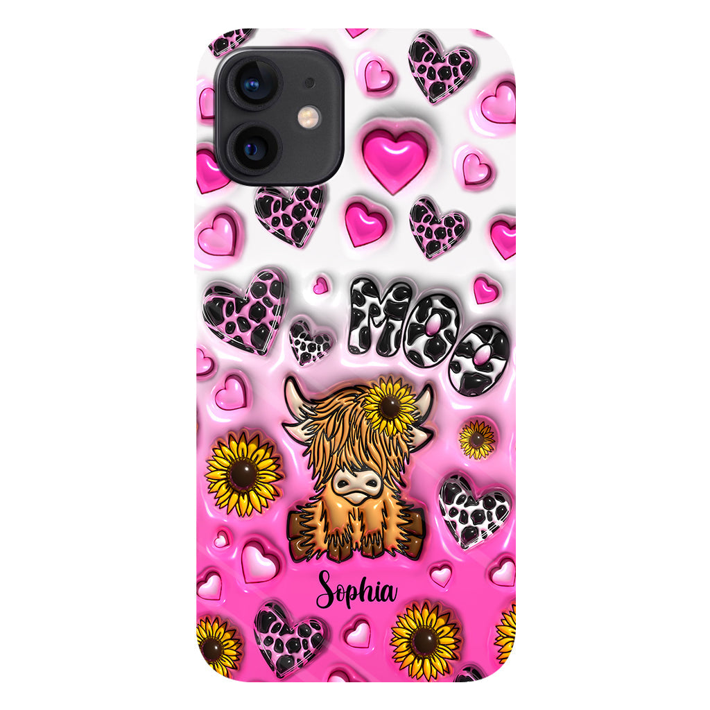 Coque de téléphone personnalisée avec impression intégrale représentant une vache des Highlands et un tournesol